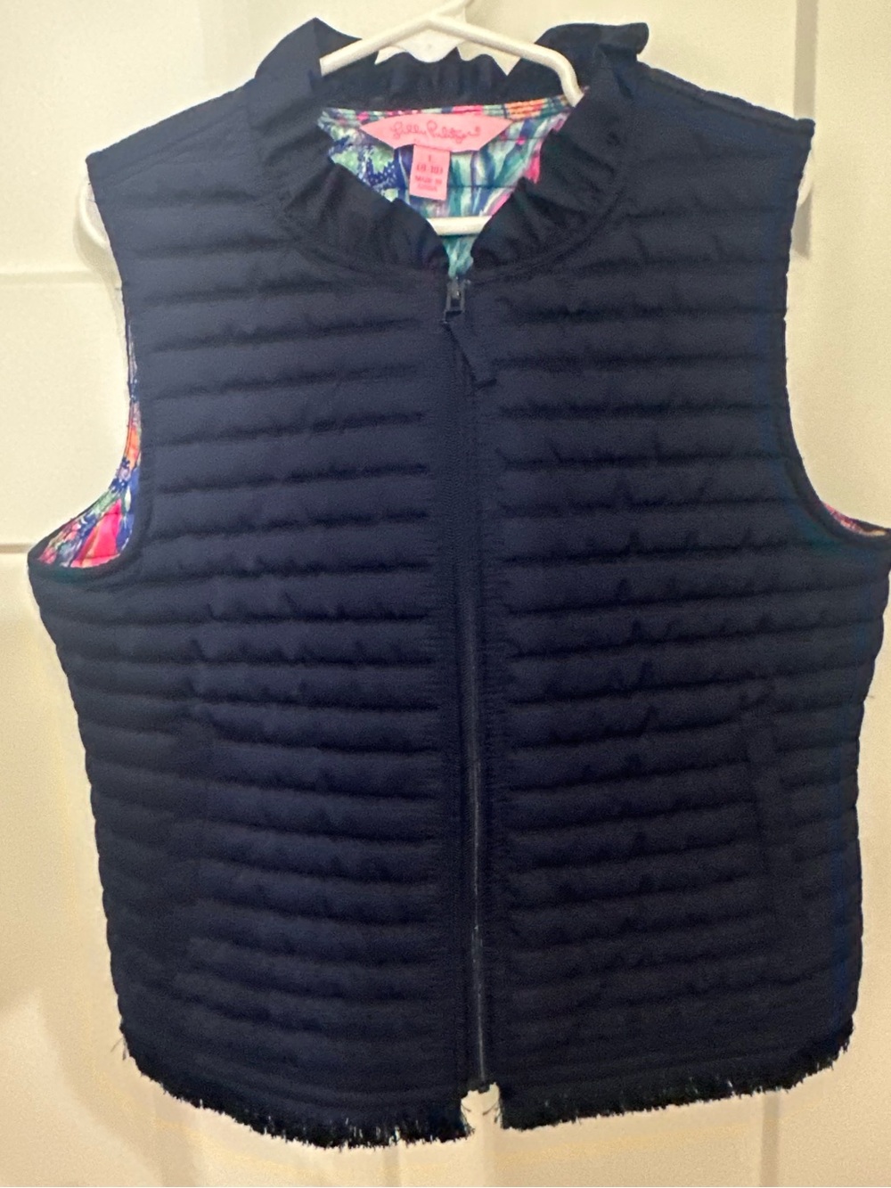 Lilly Pulitzer Navy Quilted Reversible Vest with Bright Floral Lining